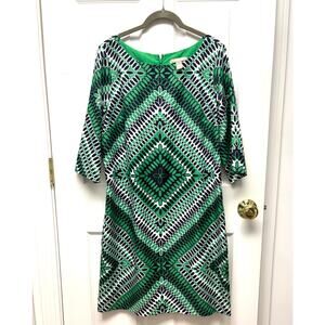 Banana Republic Dress Lined Shift Blue Green Geometric 3/4 Sleeve Size 12